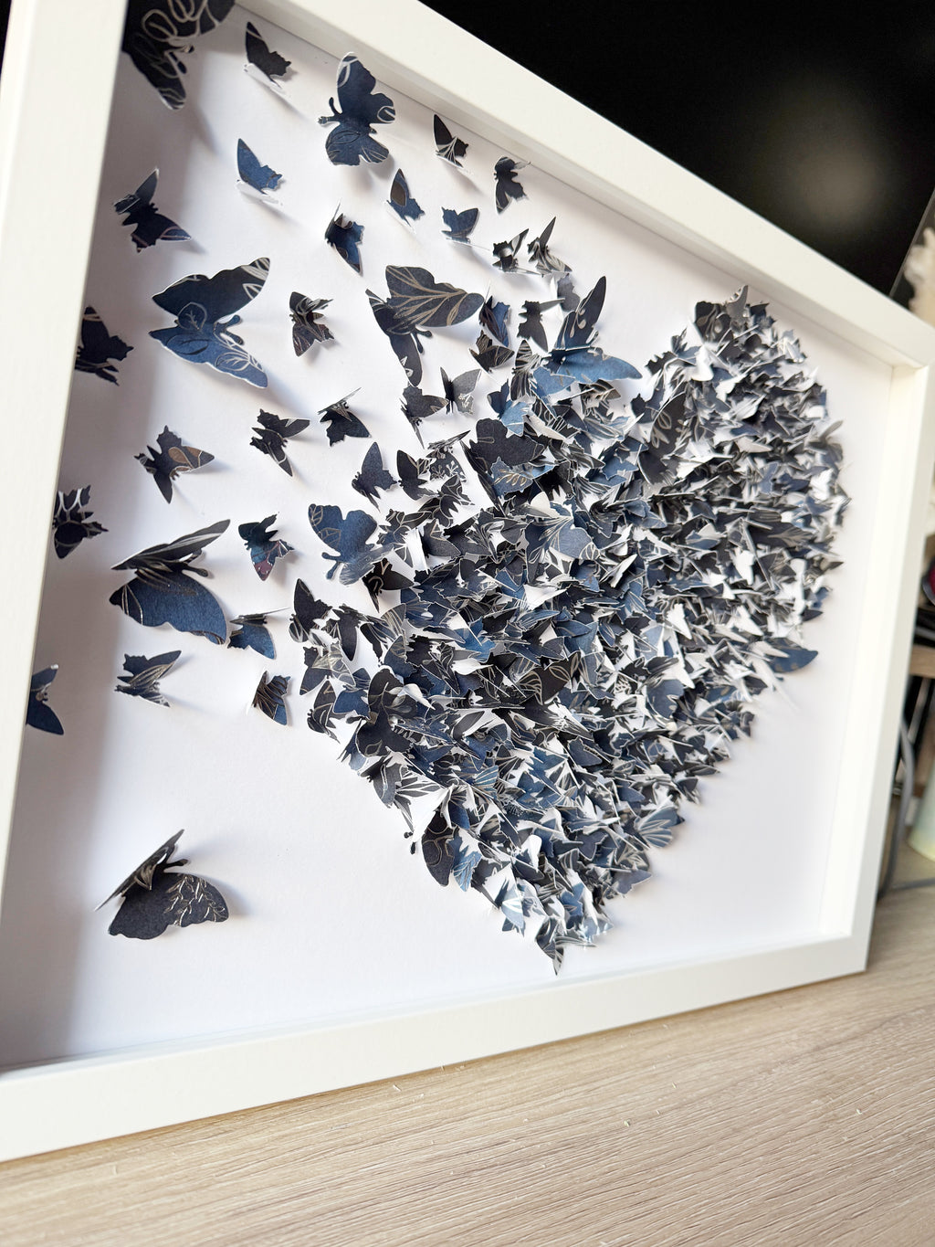 Dark Blue White Butterflies Heart wall art
