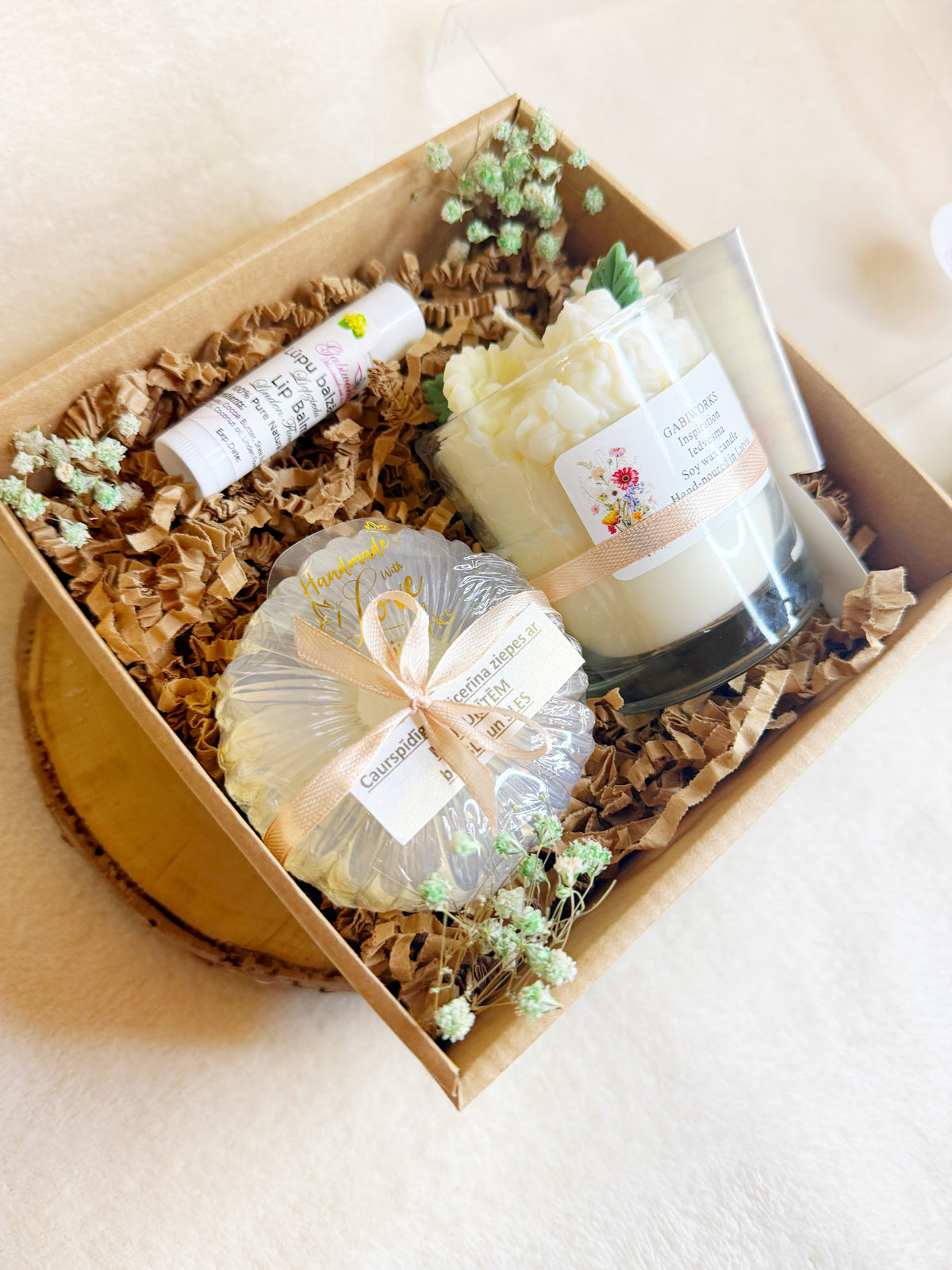 Natural gift set- Lip balm, Soy Dessert candle, Glycerin soap