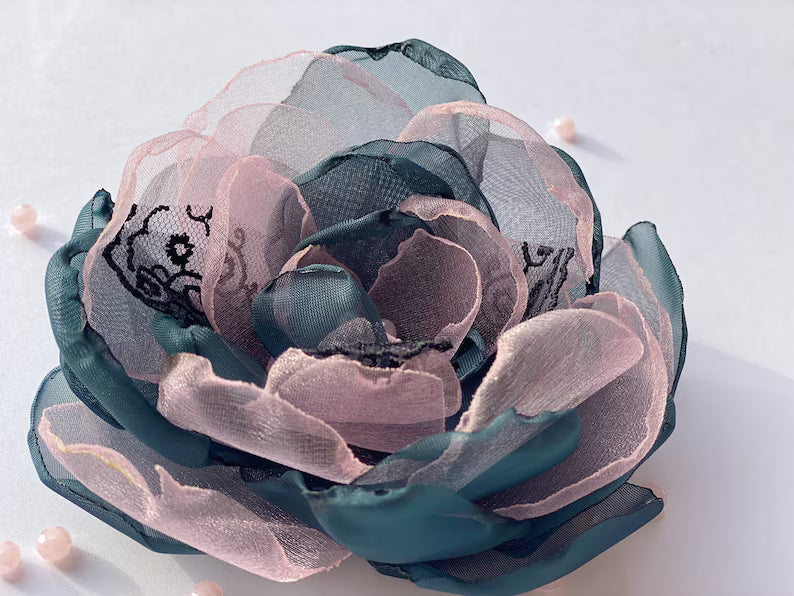 Pink and Dark Blue FABRIC FLOWER Brooch