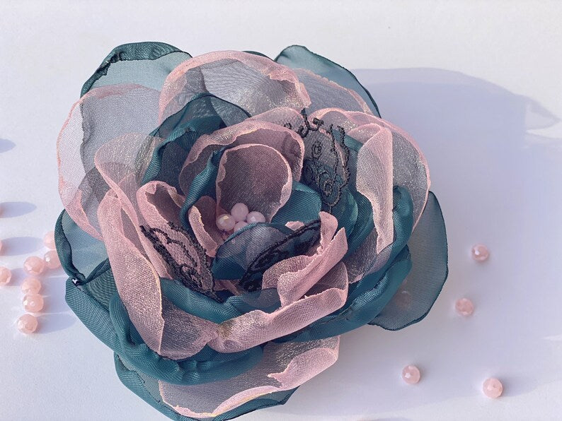Pink and Dark Blue FABRIC FLOWER Brooch