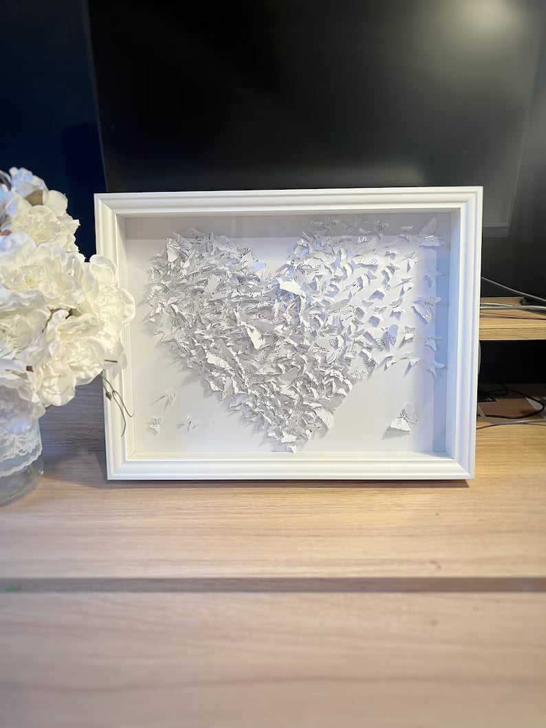 Butterflies heart art White and Silver lines