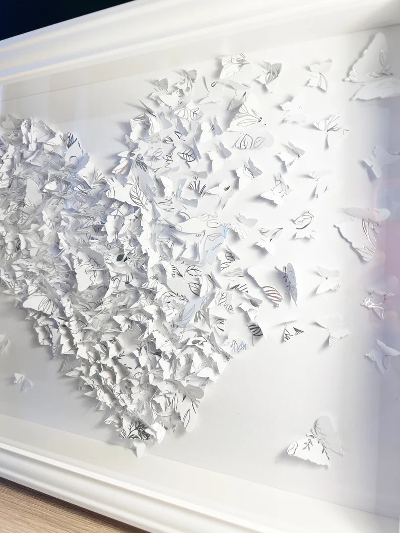 Butterflies heart art White and Silver lines