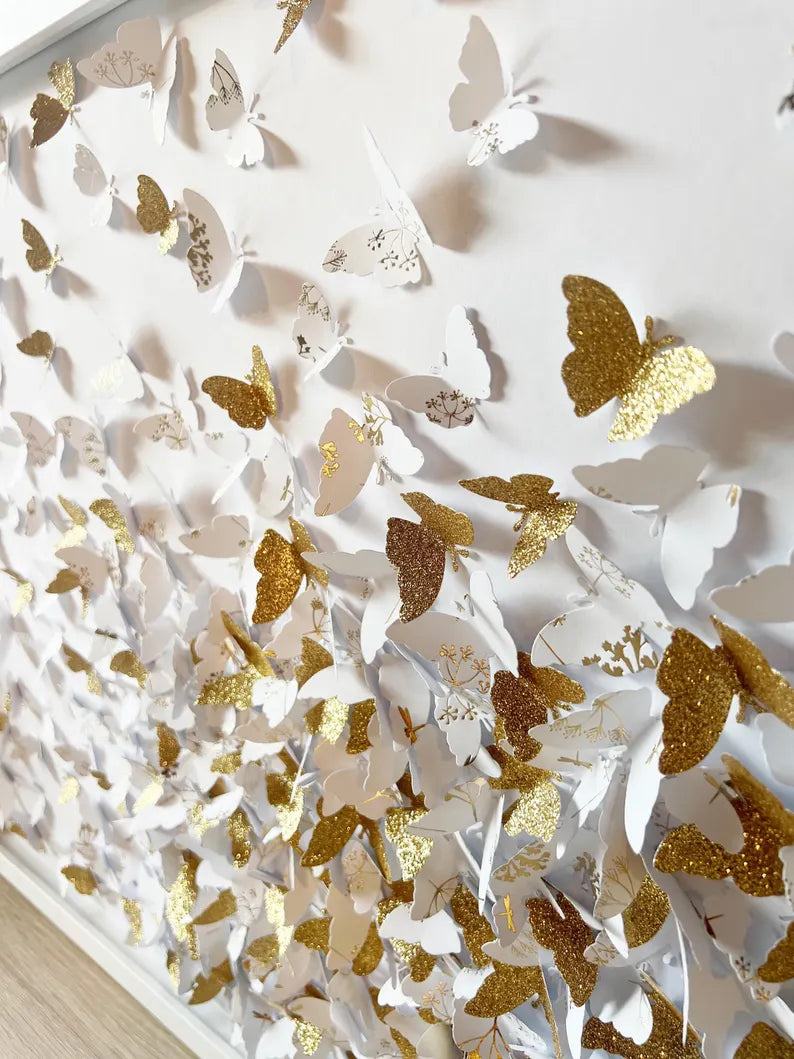 Butterflies Wall ART Glitter Gold and White